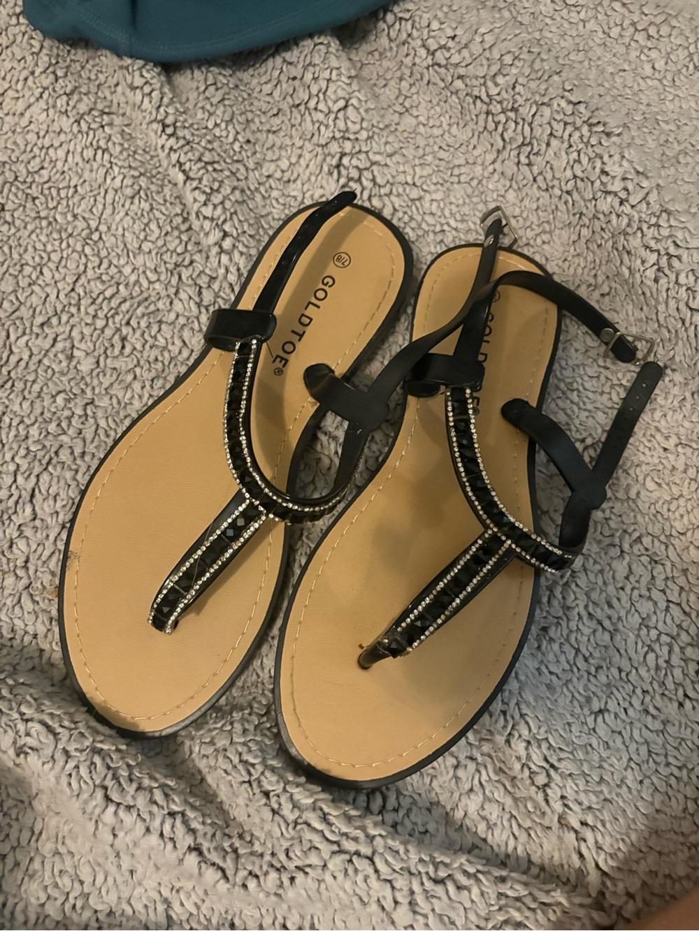 Gold Toe Black Beaded T-Strap Sandals